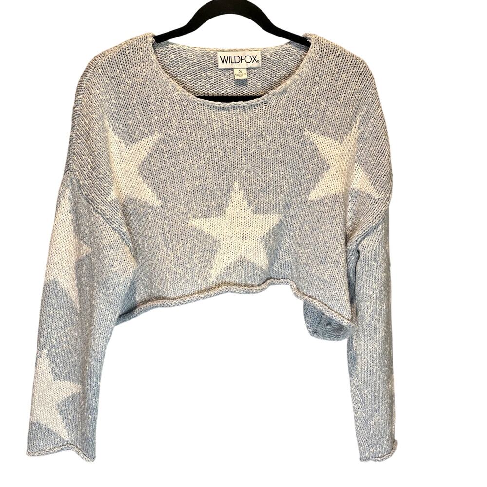 Wildfox Cropped Star Print Light Blue Sweater - size Small